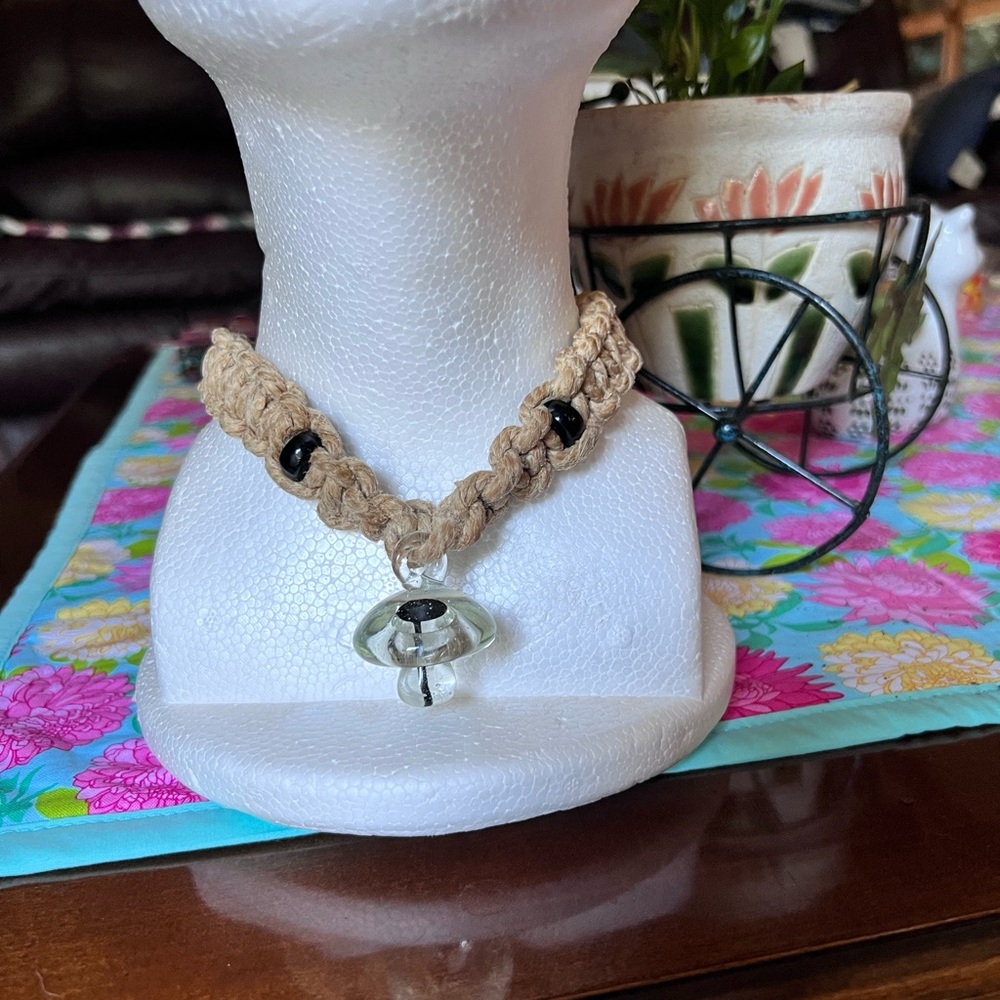 Hemp braided rope with glass mushroom 🍄 pendant necklace.